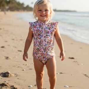 Mott50 Mini Bellas Pink Floral Ruffle-Sleeve Zip One-Piece Swim 4/5
